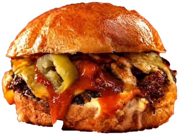 Hot Smash: smashed beef with jalapeños, crispy onions and hot sauce dripping in a brioche bun
