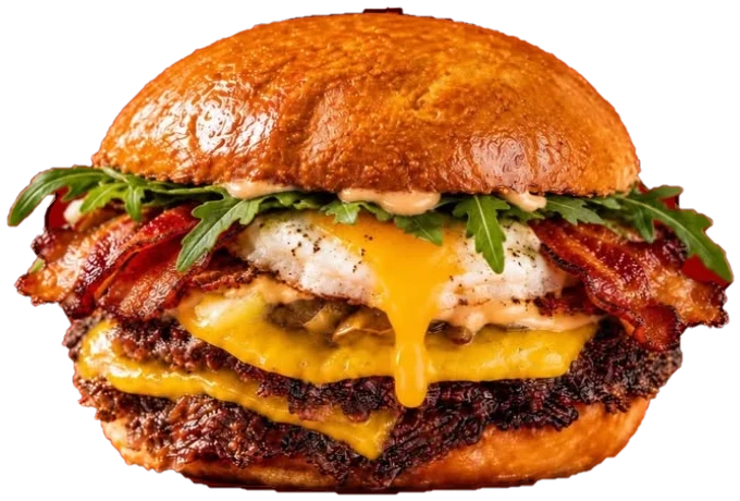 OG Smash: double smashed beef with melted American cheese in a glossy brioche bun