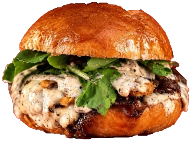 Truffle Mushroom: smashed beef under truffle mayo, crispy onions and fresh rocket in a brioche bun